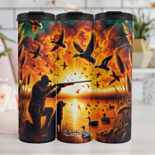 Duck Hunting bij zonsondergang met hond Thermosbeker