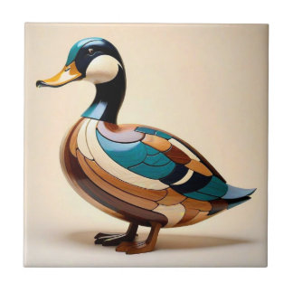 Duck intarsia wood art print bird ceramic tile tegeltje