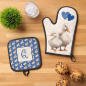 Duck Love Blue Pattern Hearts Initiaal Ovenwant & Pannenlap Set (Top down)
