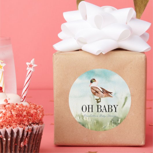 Duck/Mallard Waterverf Field Boy Baby shower Ronde Sticker (Feest)