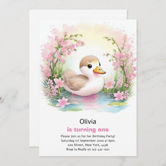 Duck Meisje Eerste Verjaardag Uitnodiging (Voorkant / Achterkant)