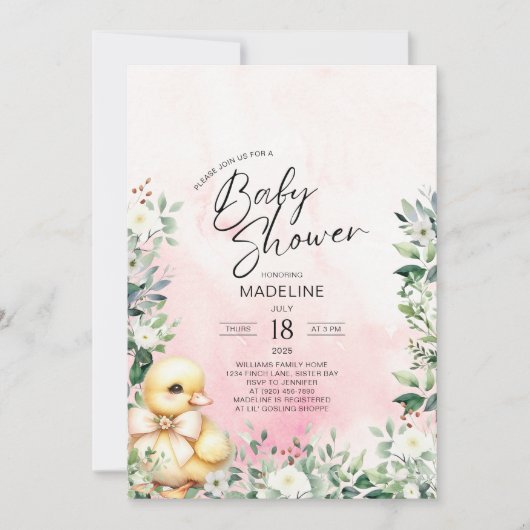 Duck met boog roze meisje Baby shower uitnodiging (Voorkant)
