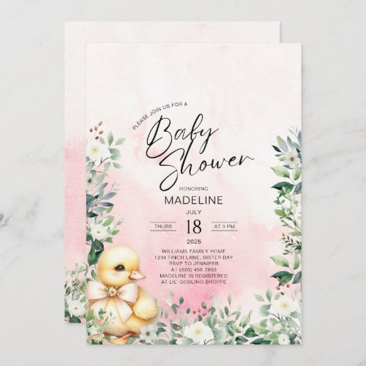 Duck met boog roze meisje Baby shower uitnodiging (Voorkant / Achterkant)