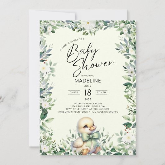 Duck met Bow Greenery Baby shower Invitation Kaart (Voorkant)
