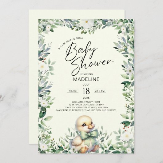Duck met Bow Greenery Baby shower Invitation Kaart (Voorkant / Achterkant)