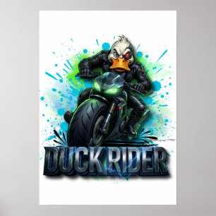 Duck Rider 3D Cyber Duck Motorfiets T-Shirt Poster