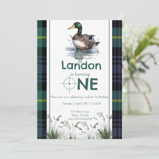 Duck Thema 1e Verjaardag Jager groen plaid Kaart (Staand voorkant)