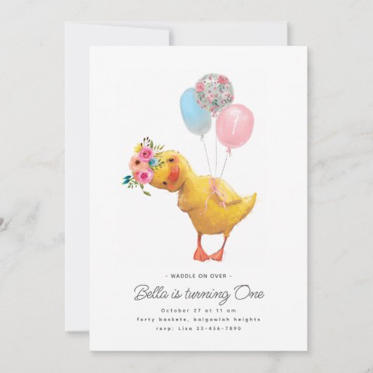 Duck Verjaardagsfeestje Nodig moderne bloemige Sch Kaart (Voorkant)