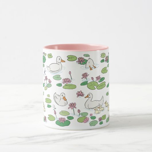 Duck Waterlily Pads 11 oz. Roze, witte keramische  Mok (Midden)