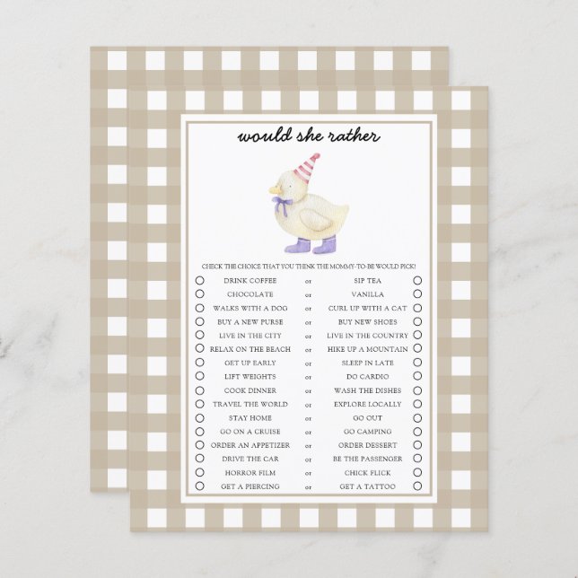 Duck zou ze liever Baby shower spel (Voorkant / Achterkant)