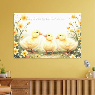 Duckling familie in zonovergoten tuin Dierenvriend Canvas Afdruk