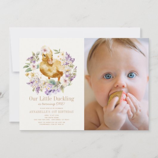 Duckling Waterverf Bloemen Meisje 1e Verjaardag Fo Kaart (Voorkant)