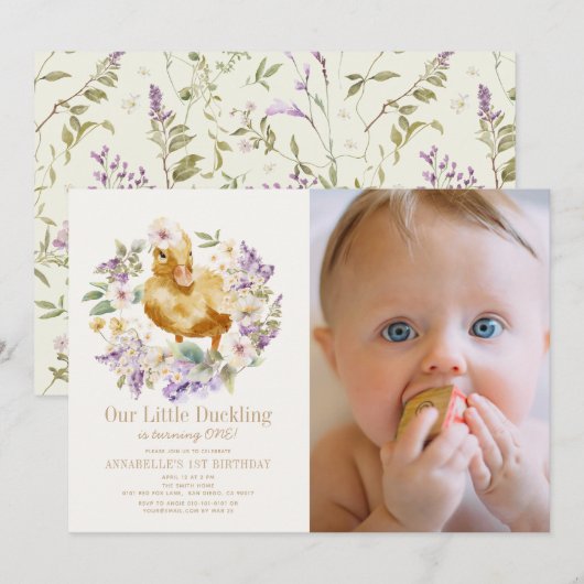 Duckling Waterverf Bloemen Meisje 1e Verjaardag Fo Kaart (Voorkant / Achterkant)