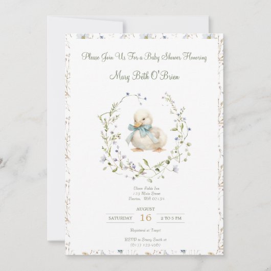 Duckling Wildflower Bloemen Baby shower Uitnodigin Kaart (Voorkant)