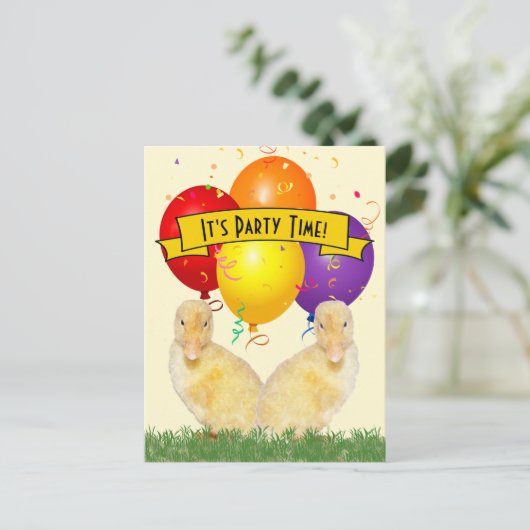 Ducklings Colorful Balloons Kinderdag Uitnodiging Briefkaart (Staand voorkant)