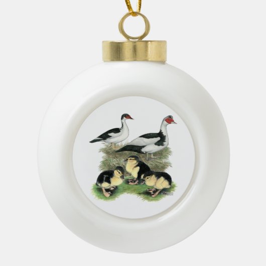 Ducks Black Pied Muscovy Family Keramische Bal Ornament (Voorkant)