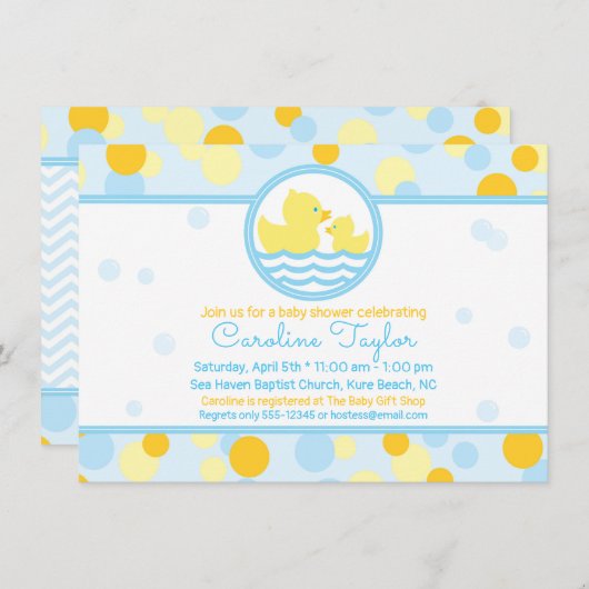 Ducky Baby shower Invitation blauw en geel Kaart (Voorkant / Achterkant)