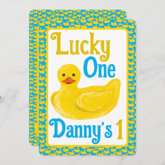 Ducky Lucky One eerste verjaardag uitnodiging (Voorkant / Achterkant)