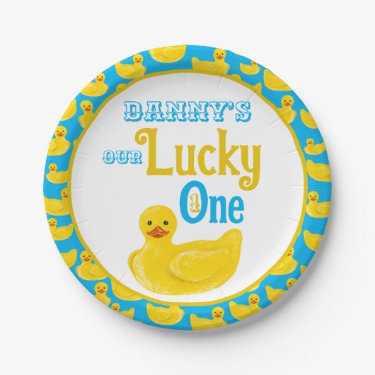 Ducky Lucky One eerste verjaardag uitnodiging Papieren Bordje (Voorkant)