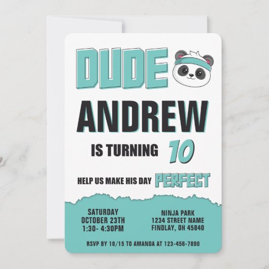 Dude Blauwgroen en Black Panda Verjaardagsfeest Kaart (Voorkant)
