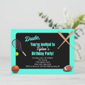 Dude Sports verjaardagsfeestje uitnodiging (Staand voorkant)