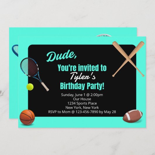 Dude Sports verjaardagsfeestje uitnodiging (Voorkant / Achterkant)