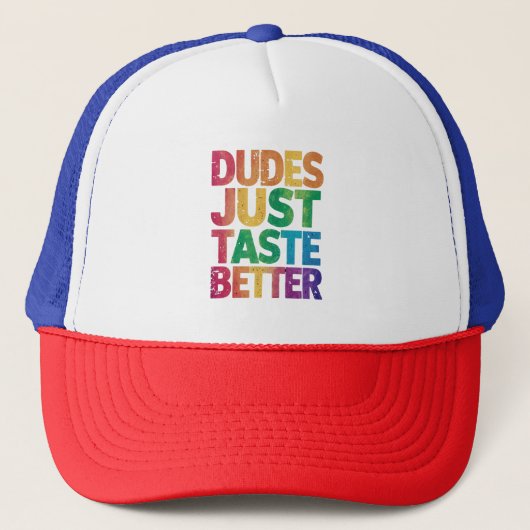Dudes smaken gewoon beter verontruste Gay Pride Trucker Pet (Voorkant)