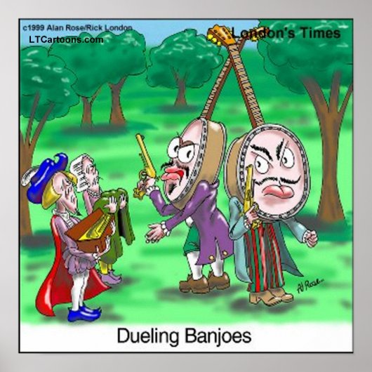 Dueling Banjoes Funny Cartoon Poster van Rick Lond (Voorkant)