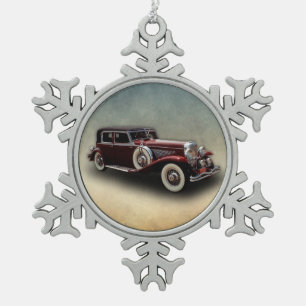 Duesenberg (Duesy) Model J Klassieke auto Tin Sneeuwvlok Ornament