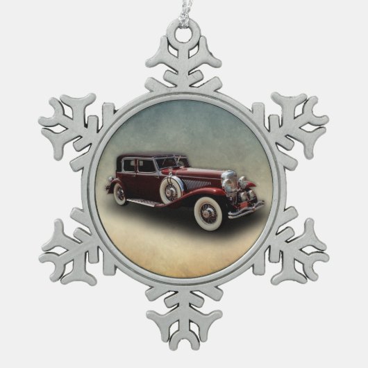 Duesenberg (Duesy) Model J Klassieke auto Tin Sneeuwvlok Ornament (Voorkant)