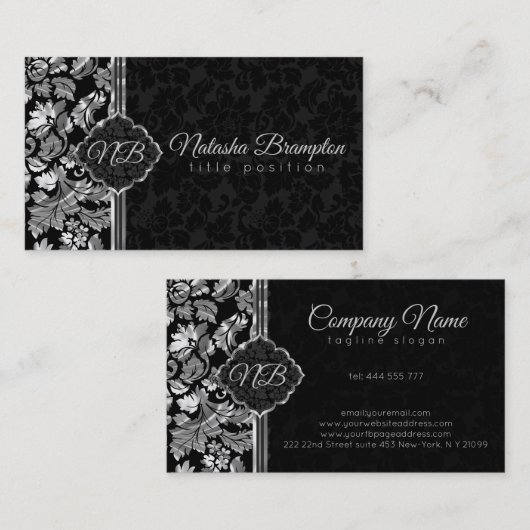 Duidelijk zwart en zilveren damast visitekaartje (Voorkant / Achterkant)