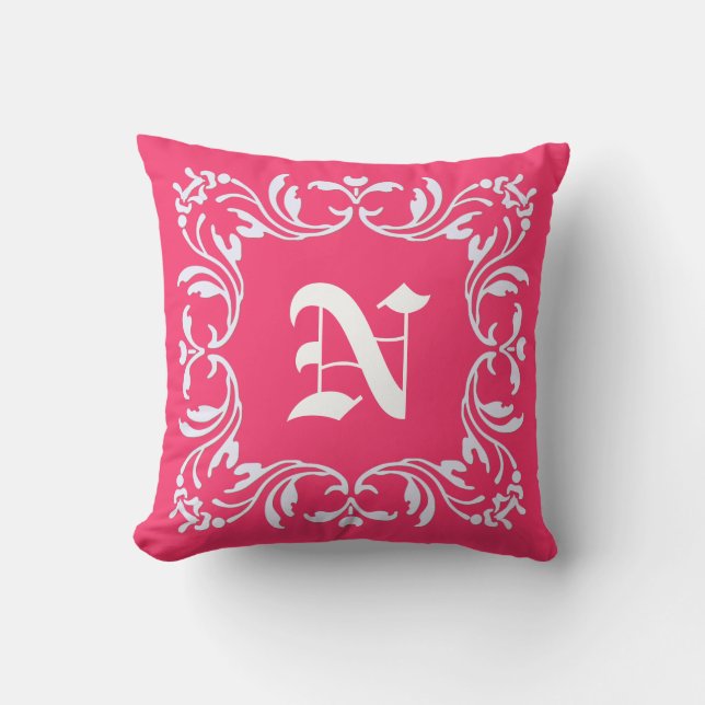Duidelijke Hete roze achtergrond en Damask Monogra Kussen (Voorkant)