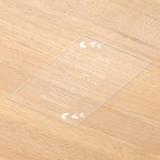 Duidelijke transparante bladeren Elegante monogram Acryl Uitnodigingen (Laagn)