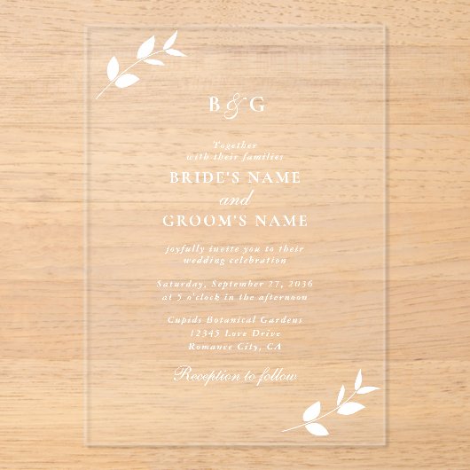 Duidelijke transparante bladeren Elegante monogram Acryl Uitnodigingen (Voorkant)