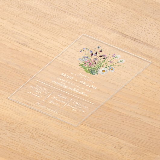 Duidelijke transparante moderne Wildflower bruilof Acryl Uitnodigingen (Laagn)
