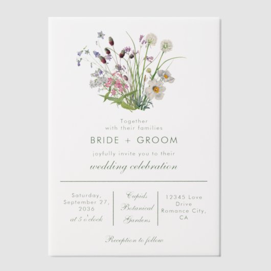 Duidelijke transparante moderne Wildflower bruilof Vellum Uitnodigingen (Voorkant)