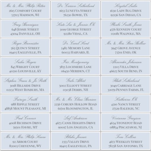 Duif Blauw Elegant Script 24 Bruiloft Gast Adres Sticker (Voorkant)