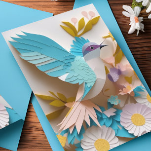 Duif & Daisy Bloemen Blauw Pastel Gesneden Papier  Bedankkaart
