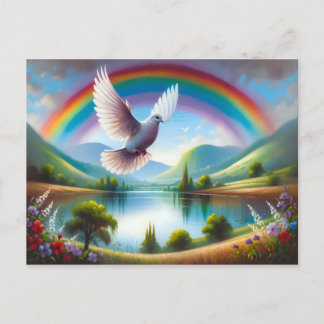 Duif die onder een regenboog vliegt briefkaart