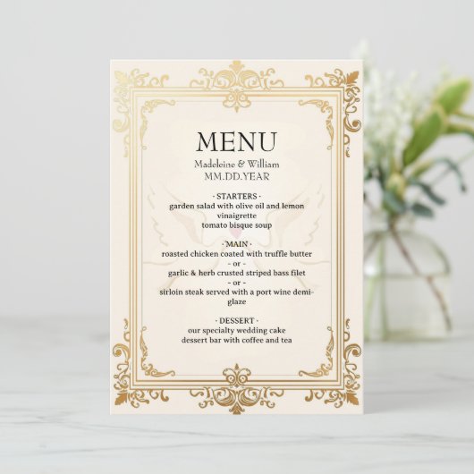 Duif Elegante Luxe Gouden Huwelijk Menu (Staand voorkant)