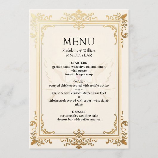Duif Elegante Luxe Gouden Huwelijk Menu (Voorkant)