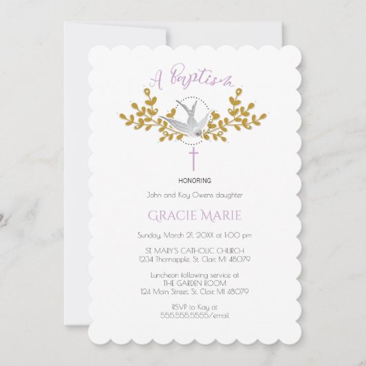 Duif en Kruis Doop Uitnodiging {Meisje} (Voorkant)