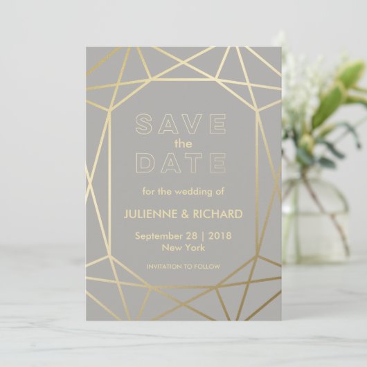 Duif Grijs & Goud Geometrische Bruiloft Save the D Save The Date (Staand voorkant)
