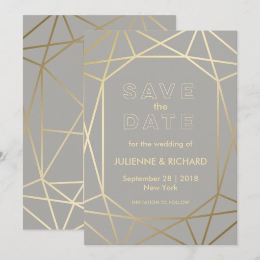 Duif Grijs & Goud Geometrische Bruiloft Save the D Save The Date (Voorkant / Achterkant)