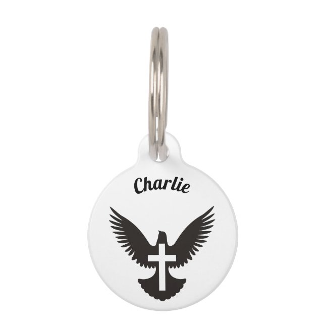 Duif met Cross Pet Name Tag Huisdierpenning (Voorkant)