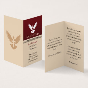 Duif met kruis rood en beige verticaal gevouwen visitekaartje