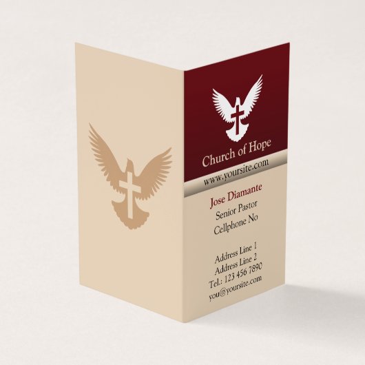 Duif met kruis rood en beige verticaal gevouwen visitekaartje (Buitenkant)
