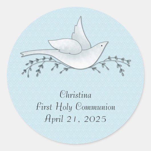 Duif met takken, Blauw, Eerste Communie Ronde Sticker (Voorkant)