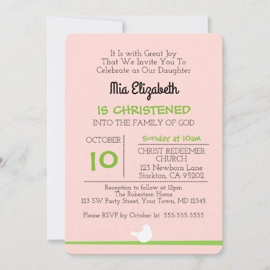 Duif op tak Roze doopuitnodiging Kaart (Voorkant)