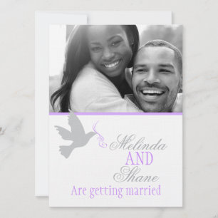 Duif paarse lint paar foto bruiloft uitnodiging